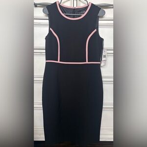 NWT Black Label Evan Picone Black Dress Pink Trim Size 6 Sheath Midi